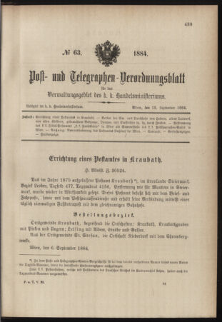 Post- und Telegraphen-Verordnungsblatt für das Verwaltungsgebiet des K.-K. Handelsministeriums 18840913 Seite: 1