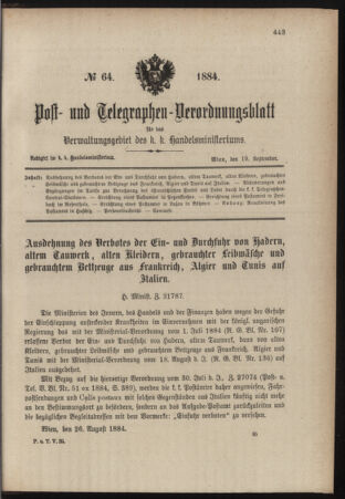 Post- und Telegraphen-Verordnungsblatt für das Verwaltungsgebiet des K.-K. Handelsministeriums 18840919 Seite: 1