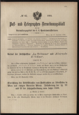 Post- und Telegraphen-Verordnungsblatt für das Verwaltungsgebiet des K.-K. Handelsministeriums 18840920 Seite: 1