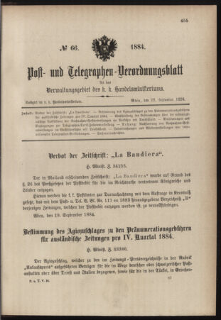 Post- und Telegraphen-Verordnungsblatt für das Verwaltungsgebiet des K.-K. Handelsministeriums 18840922 Seite: 1