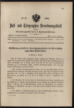 Post- und Telegraphen-Verordnungsblatt für das Verwaltungsgebiet des K.-K. Handelsministeriums 18840925 Seite: 1