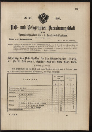 Post- und Telegraphen-Verordnungsblatt für das Verwaltungsgebiet des K.-K. Handelsministeriums 18840926 Seite: 1