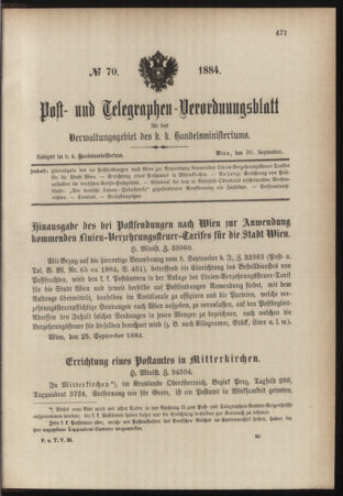 Post- und Telegraphen-Verordnungsblatt für das Verwaltungsgebiet des K.-K. Handelsministeriums 18840930 Seite: 1