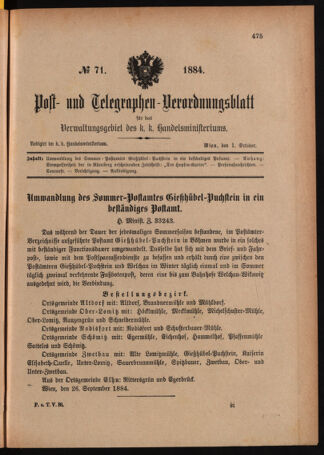 Post- und Telegraphen-Verordnungsblatt für das Verwaltungsgebiet des K.-K. Handelsministeriums 18841001 Seite: 1