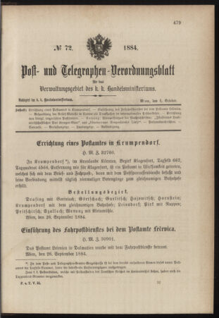 Post- und Telegraphen-Verordnungsblatt für das Verwaltungsgebiet des K.-K. Handelsministeriums 18841004 Seite: 1