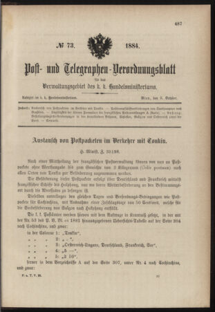 Post- und Telegraphen-Verordnungsblatt für das Verwaltungsgebiet des K.-K. Handelsministeriums 18841009 Seite: 1