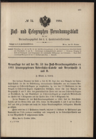 Post- und Telegraphen-Verordnungsblatt für das Verwaltungsgebiet des K.-K. Handelsministeriums 18841022 Seite: 1