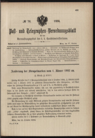 Post- und Telegraphen-Verordnungsblatt für das Verwaltungsgebiet des K.-K. Handelsministeriums 18841027 Seite: 1