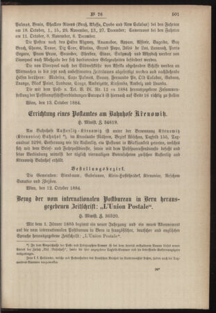 Post- und Telegraphen-Verordnungsblatt für das Verwaltungsgebiet des K.-K. Handelsministeriums 18841027 Seite: 3