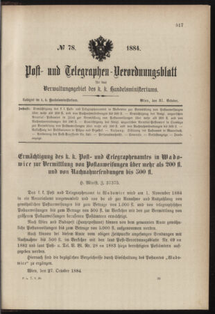 Post- und Telegraphen-Verordnungsblatt für das Verwaltungsgebiet des K.-K. Handelsministeriums 18841031 Seite: 1