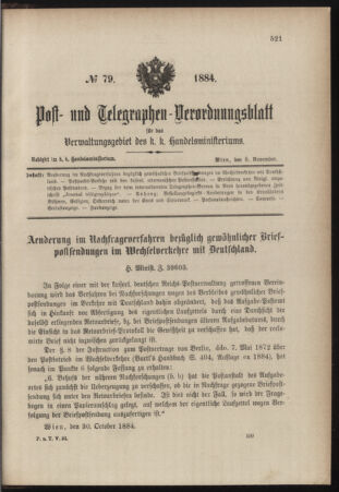 Post- und Telegraphen-Verordnungsblatt für das Verwaltungsgebiet des K.-K. Handelsministeriums 18841108 Seite: 1