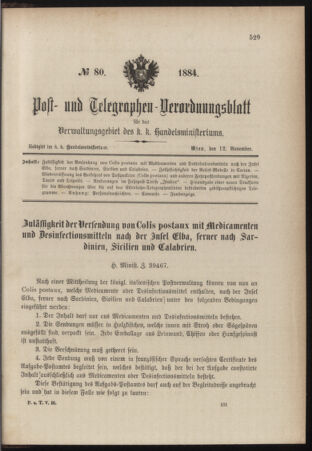 Post- und Telegraphen-Verordnungsblatt für das Verwaltungsgebiet des K.-K. Handelsministeriums 18841112 Seite: 1