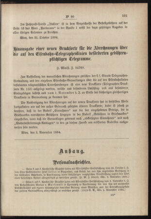 Post- und Telegraphen-Verordnungsblatt für das Verwaltungsgebiet des K.-K. Handelsministeriums 18841112 Seite: 3