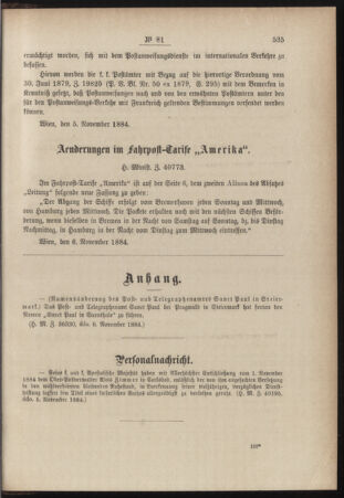 Post- und Telegraphen-Verordnungsblatt für das Verwaltungsgebiet des K.-K. Handelsministeriums 18841114 Seite: 3