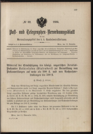 Post- und Telegraphen-Verordnungsblatt für das Verwaltungsgebiet des K.-K. Handelsministeriums 18841119 Seite: 1