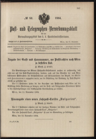 Post- und Telegraphen-Verordnungsblatt für das Verwaltungsgebiet des K.-K. Handelsministeriums 18841121 Seite: 1