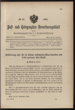 Post- und Telegraphen-Verordnungsblatt für das Verwaltungsgebiet des K.-K. Handelsministeriums 18841124 Seite: 1