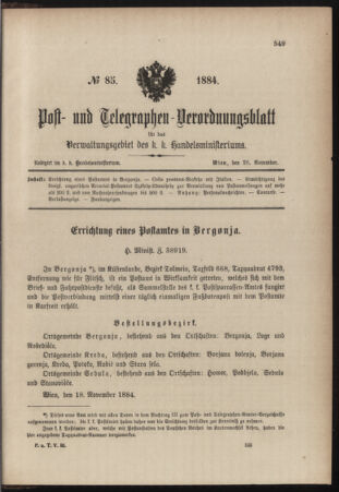 Post- und Telegraphen-Verordnungsblatt für das Verwaltungsgebiet des K.-K. Handelsministeriums 18841126 Seite: 1