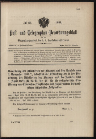 Post- und Telegraphen-Verordnungsblatt für das Verwaltungsgebiet des K.-K. Handelsministeriums 18841129 Seite: 1