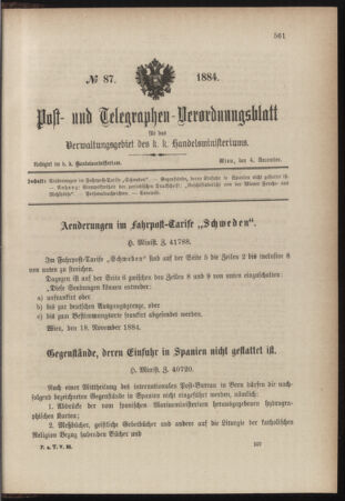 Post- und Telegraphen-Verordnungsblatt für das Verwaltungsgebiet des K.-K. Handelsministeriums 18841204 Seite: 1