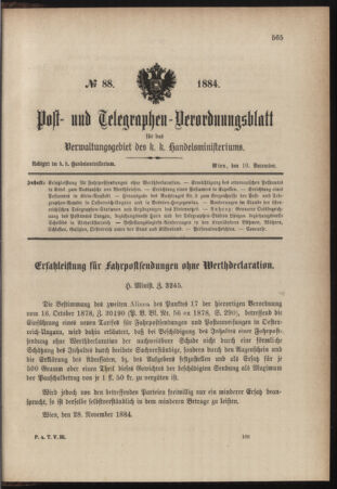 Post- und Telegraphen-Verordnungsblatt für das Verwaltungsgebiet des K.-K. Handelsministeriums 18841210 Seite: 1