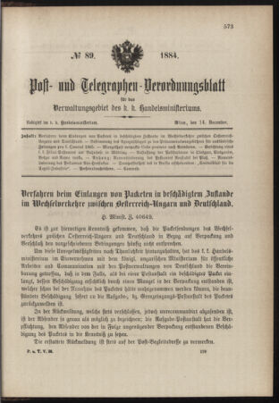 Post- und Telegraphen-Verordnungsblatt für das Verwaltungsgebiet des K.-K. Handelsministeriums 18841214 Seite: 1