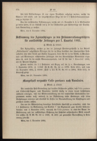 Post- und Telegraphen-Verordnungsblatt für das Verwaltungsgebiet des K.-K. Handelsministeriums 18841214 Seite: 2