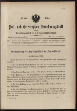 Post- und Telegraphen-Verordnungsblatt für das Verwaltungsgebiet des K.-K. Handelsministeriums 18841218 Seite: 1