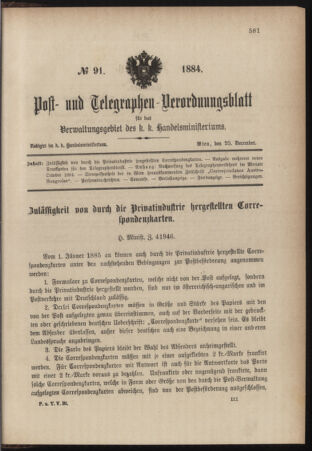 Post- und Telegraphen-Verordnungsblatt für das Verwaltungsgebiet des K.-K. Handelsministeriums 18841220 Seite: 1