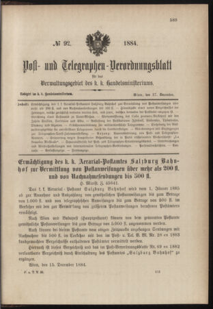 Post- und Telegraphen-Verordnungsblatt für das Verwaltungsgebiet des K.-K. Handelsministeriums 18841227 Seite: 1