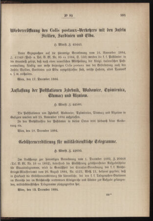 Post- und Telegraphen-Verordnungsblatt für das Verwaltungsgebiet des K.-K. Handelsministeriums 18841227 Seite: 3