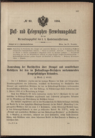 Post- und Telegraphen-Verordnungsblatt für das Verwaltungsgebiet des K.-K. Handelsministeriums 18841230 Seite: 1