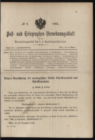 Post- und Telegraphen-Verordnungsblatt für das Verwaltungsgebiet des K.-K. Handelsministeriums 18850112 Seite: 1