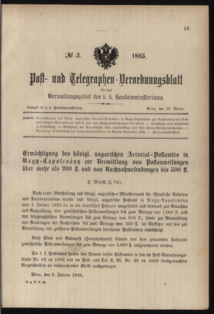 Post- und Telegraphen-Verordnungsblatt für das Verwaltungsgebiet des K.-K. Handelsministeriums 18850116 Seite: 1