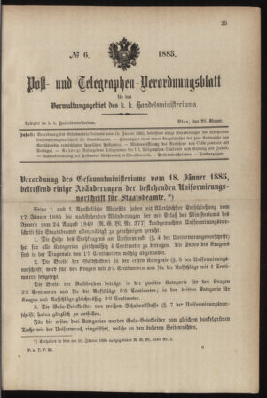 Post- und Telegraphen-Verordnungsblatt für das Verwaltungsgebiet des K.-K. Handelsministeriums 18850129 Seite: 1