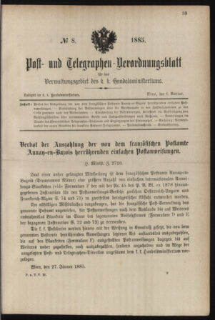 Post- und Telegraphen-Verordnungsblatt für das Verwaltungsgebiet des K.-K. Handelsministeriums 18850206 Seite: 1