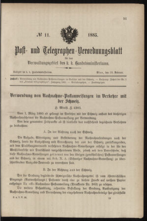 Post- und Telegraphen-Verordnungsblatt für das Verwaltungsgebiet des K.-K. Handelsministeriums 18850218 Seite: 1