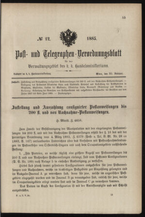 Post- und Telegraphen-Verordnungsblatt für das Verwaltungsgebiet des K.-K. Handelsministeriums 18850220 Seite: 1