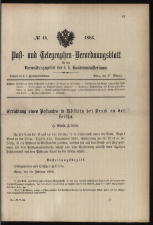 Post- und Telegraphen-Verordnungsblatt für das Verwaltungsgebiet des K.-K. Handelsministeriums 18850227 Seite: 1