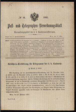 Post- und Telegraphen-Verordnungsblatt für das Verwaltungsgebiet des K.-K. Handelsministeriums 18850310 Seite: 1