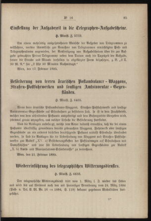 Post- und Telegraphen-Verordnungsblatt für das Verwaltungsgebiet des K.-K. Handelsministeriums 18850310 Seite: 3