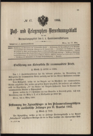 Post- und Telegraphen-Verordnungsblatt für das Verwaltungsgebiet des K.-K. Handelsministeriums