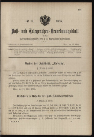 Post- und Telegraphen-Verordnungsblatt für das Verwaltungsgebiet des K.-K. Handelsministeriums 18850315 Seite: 1