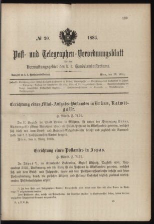 Post- und Telegraphen-Verordnungsblatt für das Verwaltungsgebiet des K.-K. Handelsministeriums 18850323 Seite: 1