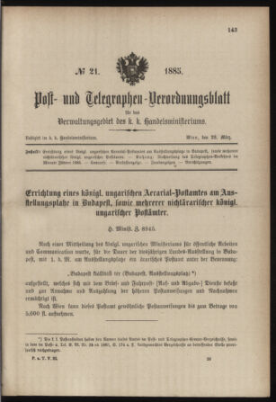 Post- und Telegraphen-Verordnungsblatt für das Verwaltungsgebiet des K.-K. Handelsministeriums 18850328 Seite: 1