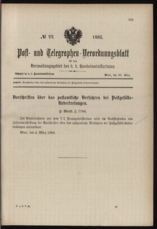 Post- und Telegraphen-Verordnungsblatt für das Verwaltungsgebiet des K.-K. Handelsministeriums 18850330 Seite: 1