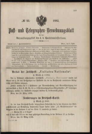 Post- und Telegraphen-Verordnungsblatt für das Verwaltungsgebiet des K.-K. Handelsministeriums 18850402 Seite: 1