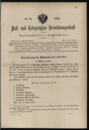 Post- und Telegraphen-Verordnungsblatt für das Verwaltungsgebiet des K.-K. Handelsministeriums 18850404 Seite: 1