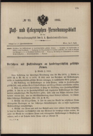 Post- und Telegraphen-Verordnungsblatt für das Verwaltungsgebiet des K.-K. Handelsministeriums 18850408 Seite: 1