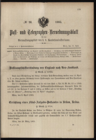 Post- und Telegraphen-Verordnungsblatt für das Verwaltungsgebiet des K.-K. Handelsministeriums 18850414 Seite: 1